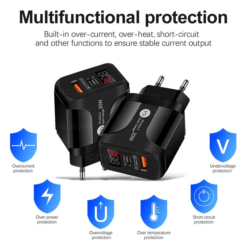 Music Festival 20WPD+QC digital fast charger dual port display suitable for Apple Android phone charging head_voghion.com