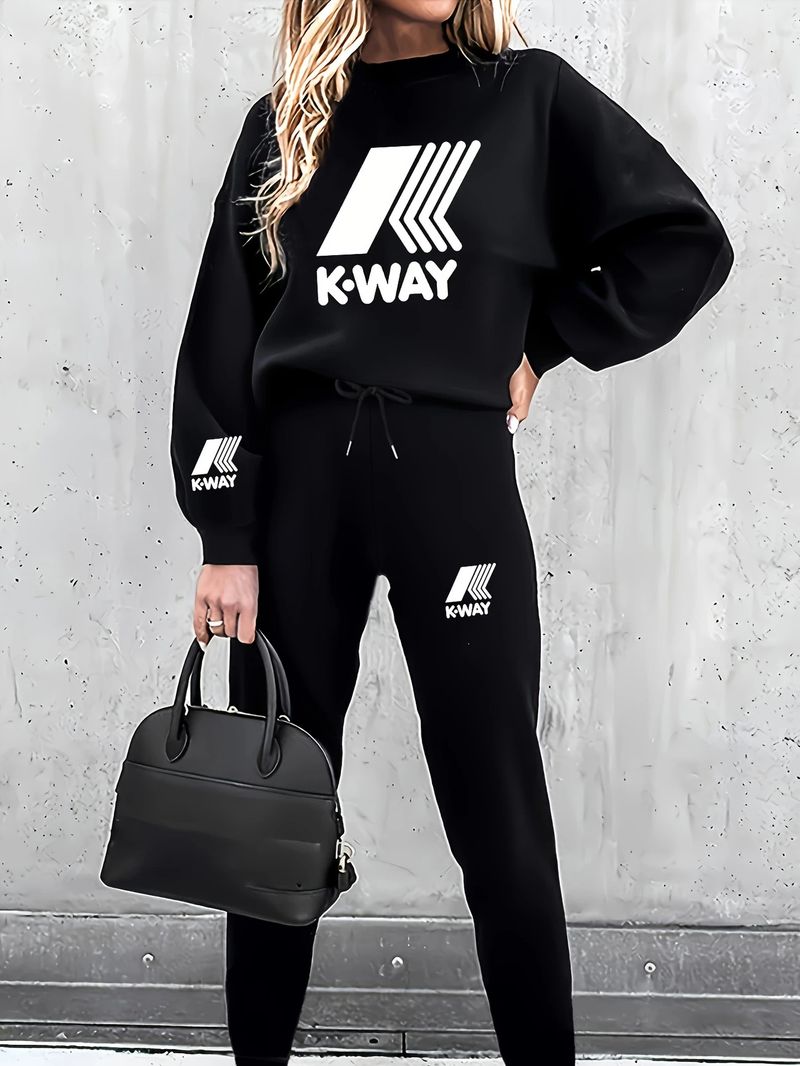 Tuta da donna stampata in due pezzi, con maglia a maniche lunghe e pantaloni con coulisse in vita, abbigliamento sportivo casual per primavera e autunno._voghion.com