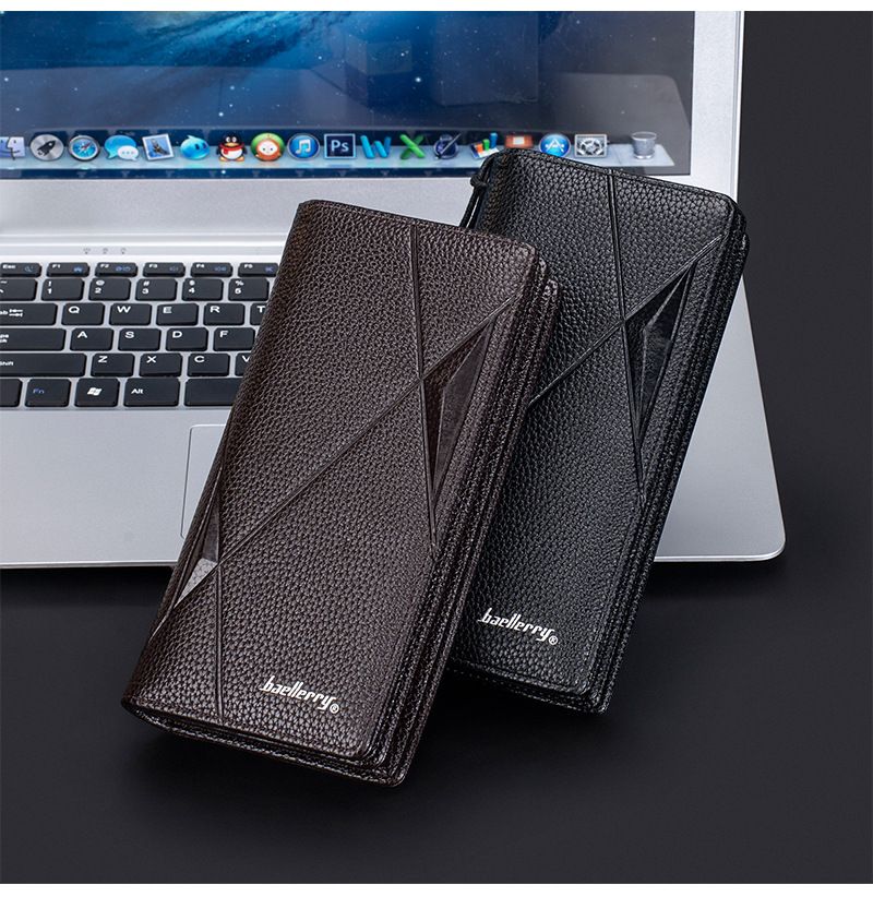 New Men's Wallet Long baellerry Business Casual Litchi Pattern Zipper Clutch Multi-Card Wallet_voghion.com