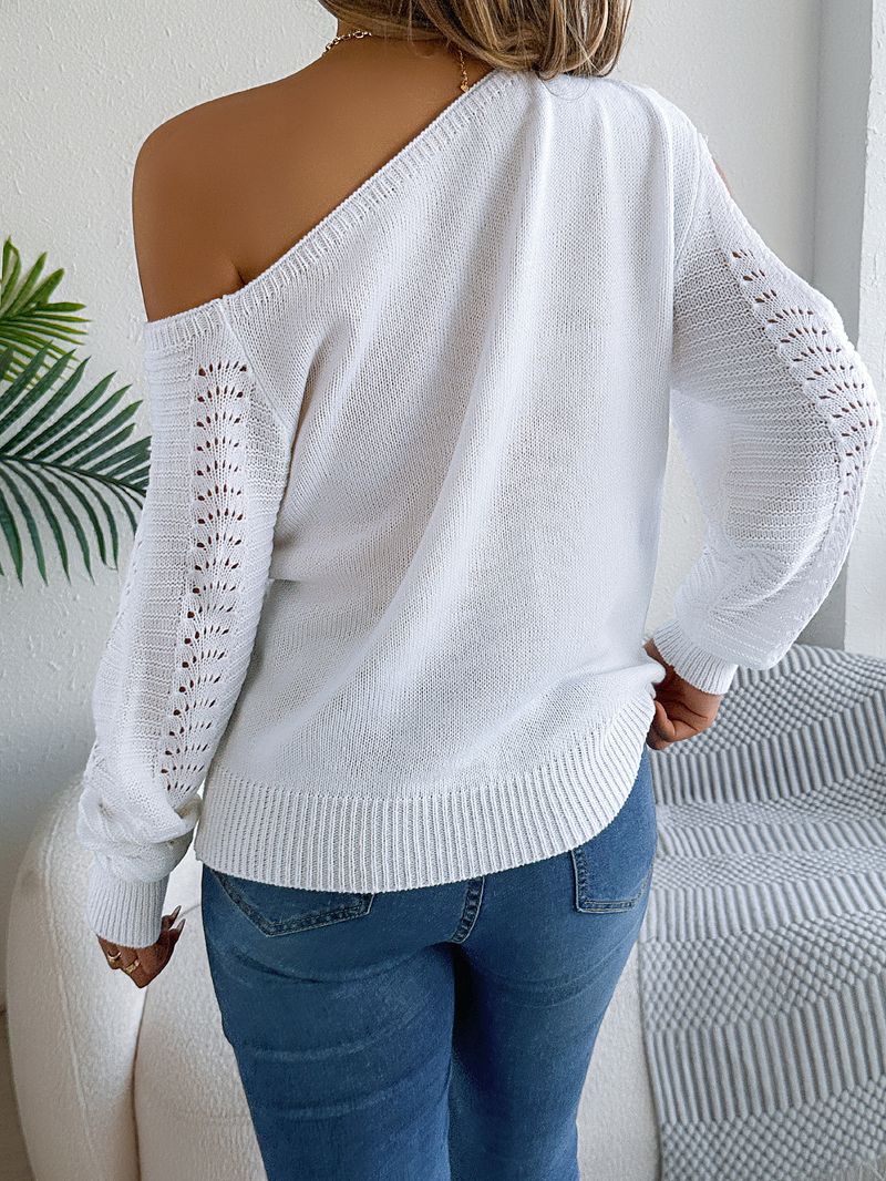 2025 Autumn And Winter Casual Solid Color Hollow Out Off Shoulder Long Sleeve Pullover Sweater Women's Clothing_voghion.com