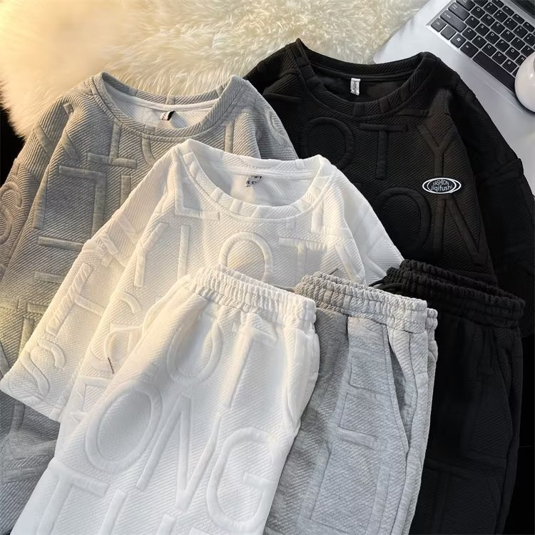 Herenkleding Zomerpak voor heren, trendy en veelzijdig, effen kleur, casual T-shirt met korte mouwen, wafeltop_voghion.com