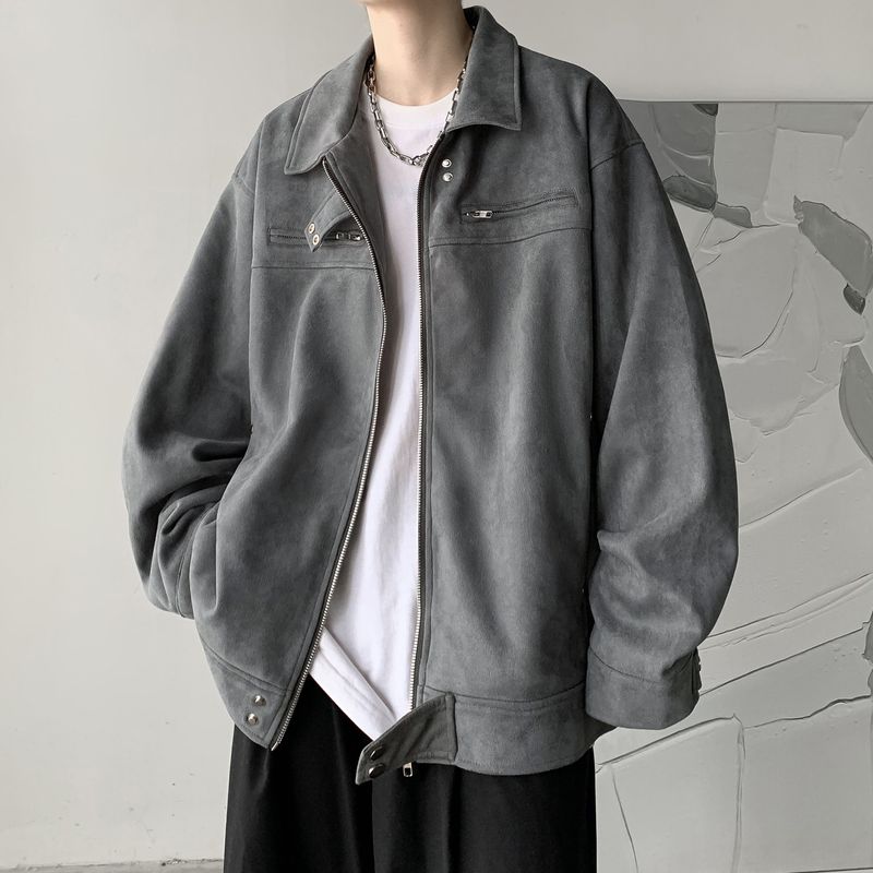 American Style Dark Gray Suede For Men's Autumn And Winter Thick Trendy Brand High-End New Jacket_voghion.com