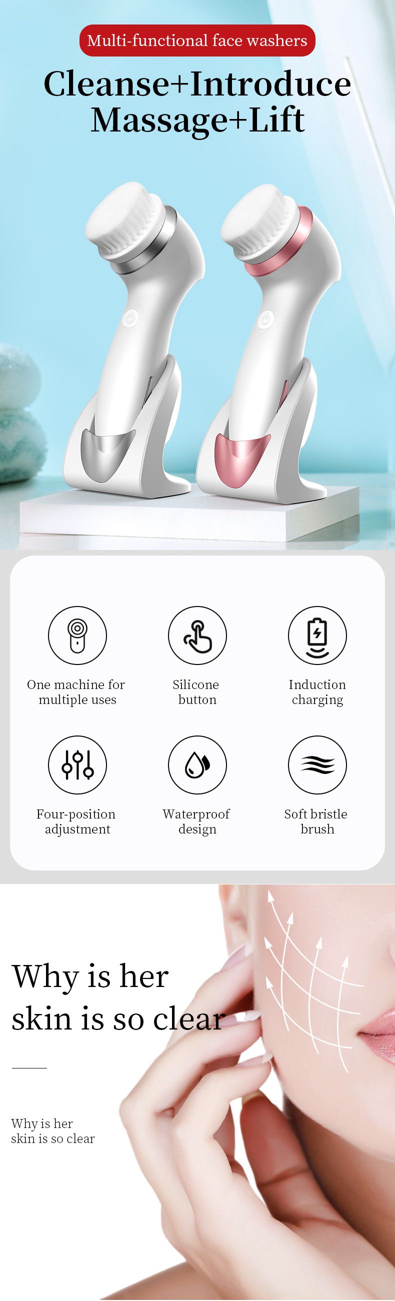 Detergente a induzione wireless, spazzola detergente elettrica, detergente per pori in silicone, rullo per il viso per uso domestico, per uomo e per donna_voghion.com