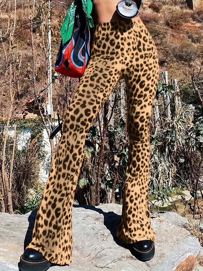 Pantalones acampanados con estampado de leopardo para mujer, cintura alta, adelgazantes, versátiles, leggings elásticos ajustados._voghion.com