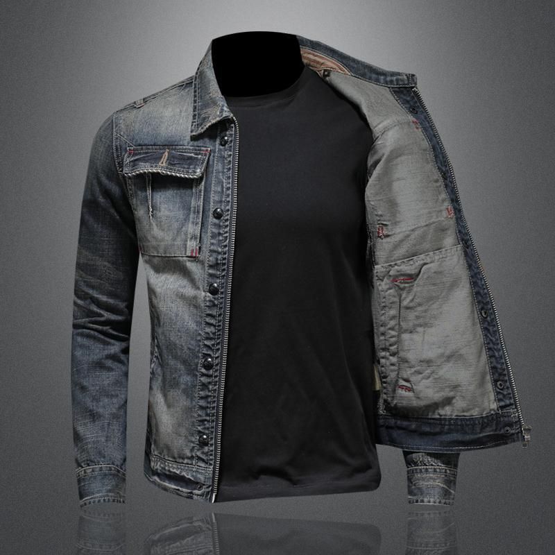 Veste en jean rétro classique pour homme, tendance de la rue d'automne, belle veste d'équitation coupe-vent pour homme, veste décontractée à revers_voghion.com