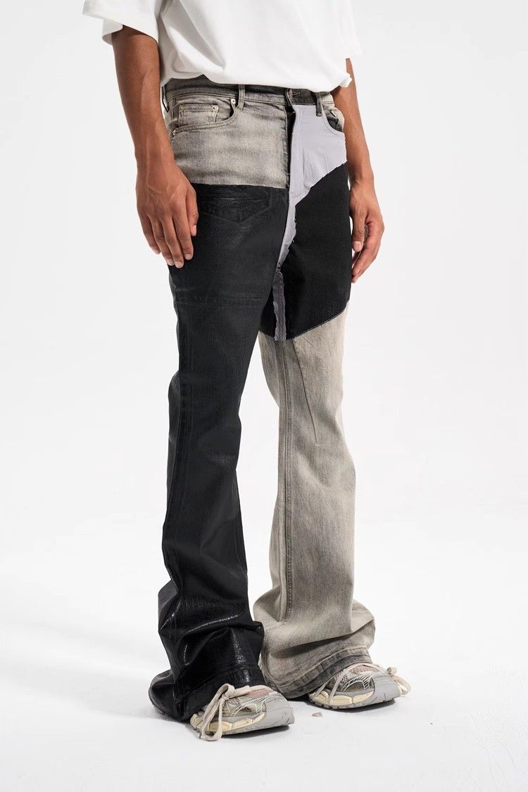 Jeans a zampa cerati allungati con gamba larga e stile trendy casual con cuciture a contrasto di colore e rivestimento di alta qualità da uomo_voghion.com