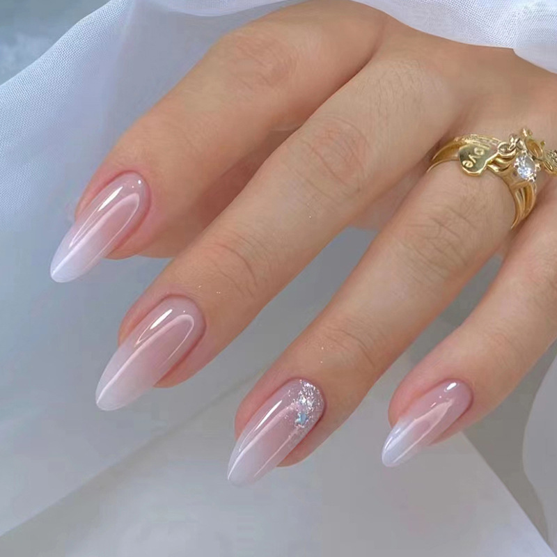 Set di unghie finite da 24 pezzi di mandorla con stampa leopardata rosa Unghie finte lunghe con colla indossabile ovale falso N_voghion.com