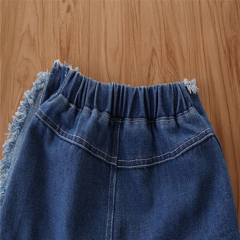 Grenzüberschreitende Kinderkleidung für Kinder im Frühlings- und Sommerstil, modischer Chiffon-One-Shoulder-Trompetenärmel-Top-Jeansrock-Mädchenanzug_voghion.com