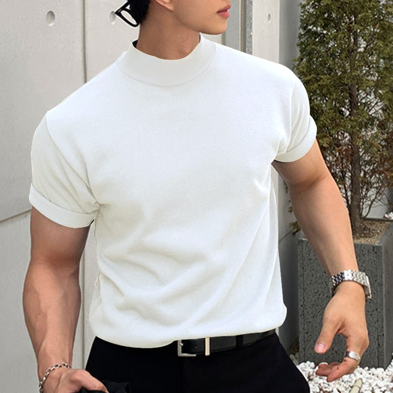 Maglietta a maniche corte con collo alto, tinta unita, da uomo, versione coreana, estate 2025_voghion.com