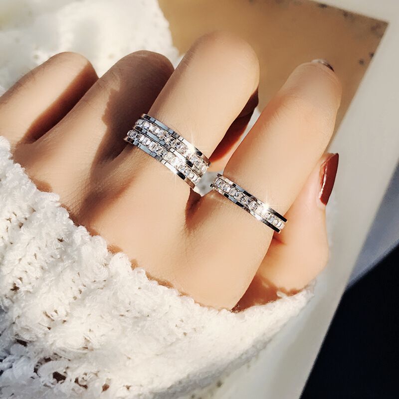 Klar til lager Rosaguldfarve Enkelt Dobbelt Række Firkantet Zirkon Rustfrit Stål Ring Til Kvinder Romantisk Forlovelsesring Bryllupsfest Smykker_voghion.com