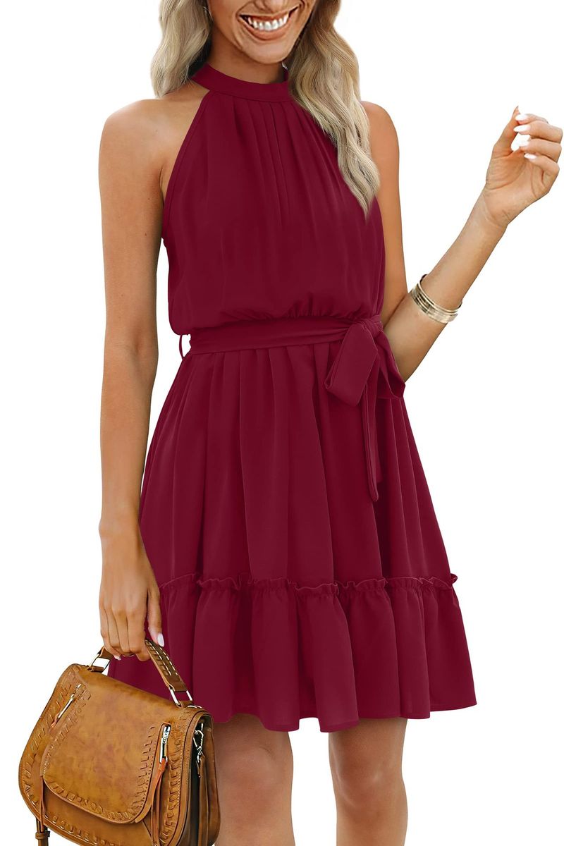 2023 Frühling und Sommer, A-Linien-Rock, Neckholder, florales Schnür-Tunika-Kleid mit offenem Rücken_voghion.com