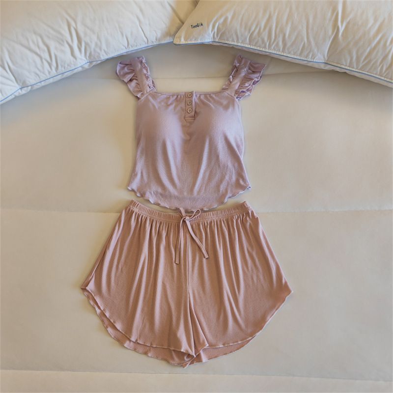 Women's Sleepwears In Summer With Chest Pads Integrated Suspender Shorts Two Piece Set Thin Style Net Celebrity Pure Desire Style Modal Home Clothes_voghion.com