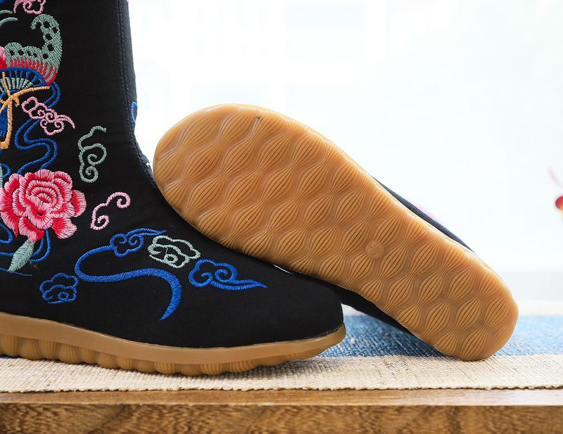 Enkelstövel i bomull, mellanhöga, platta, feta fötter, överdimensionerade tygstövlar, broderade damskor, dragkedja i sidan_voghion.com