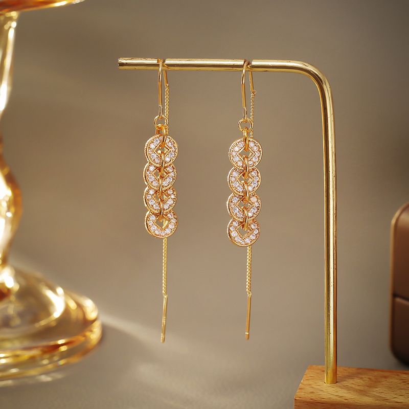 Boucles d'oreilles pendantes en forme de pièces de monnaie de style chinois - Design à long pompon, luxe léger, élégant et tendance avec une personnalité unique_voghion.com