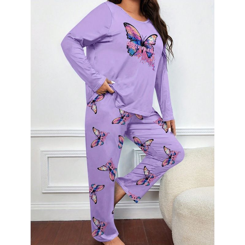 Große Damen-Pyjamas, Set mit langen Ärmeln und Hose, süßer Pullover mit lila Schmetterlingsdruck, lässige Loungewear, zweiteilig._voghion.com