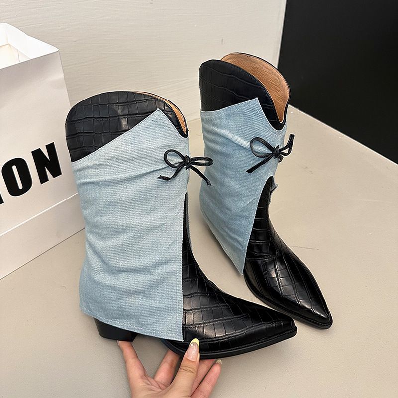 European And American Style Soft Leather Niche Design Cuff Pointed Toe Flat Patchwork Slimming V-Cut Short Women Spring_voghion.com