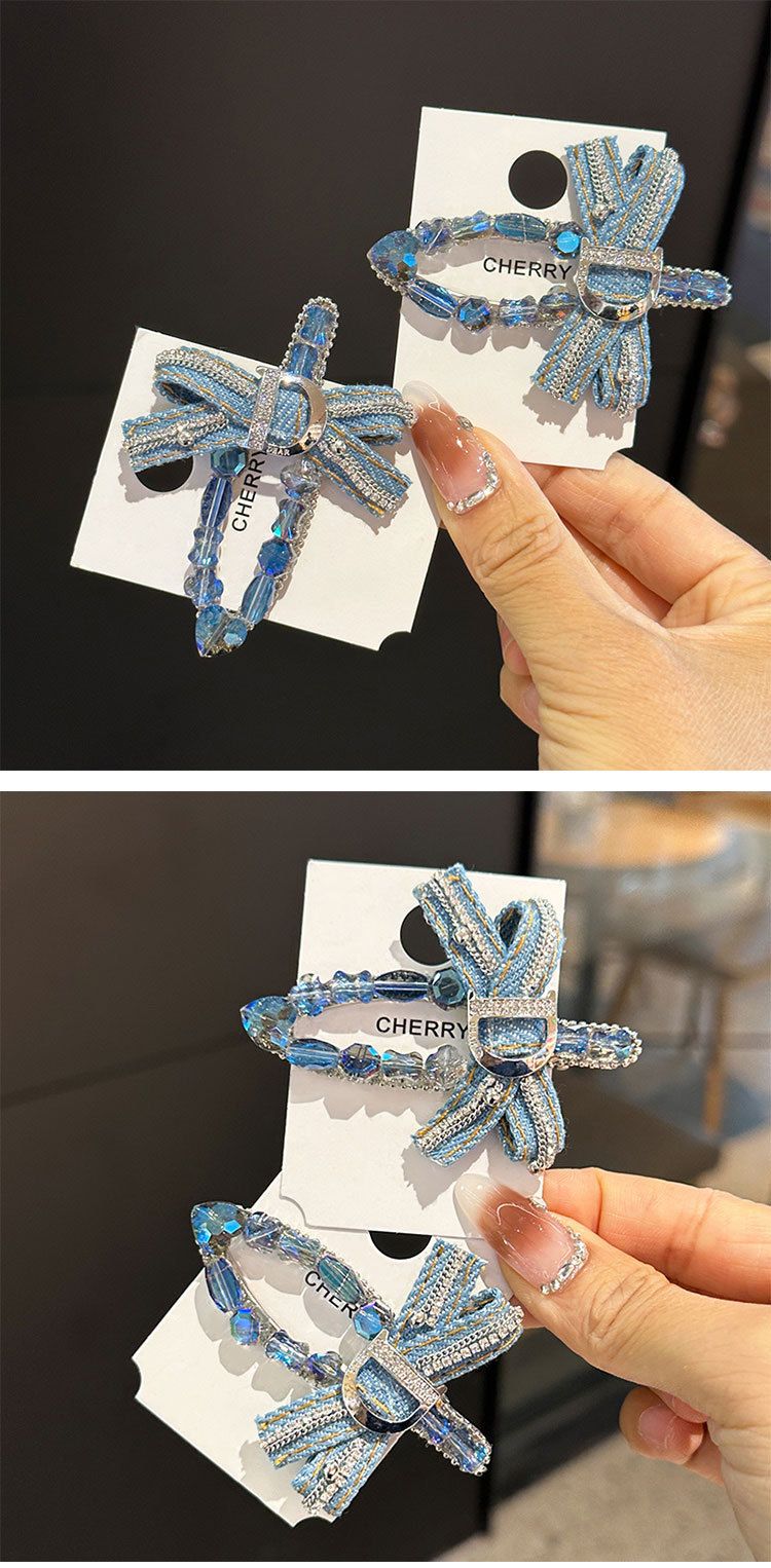 Haaraccessoires voor dames retro denim strik volledige diamant haarspeld kristal eendenbek clip zijclip pony zijclip hoofdtooi_voghion.com