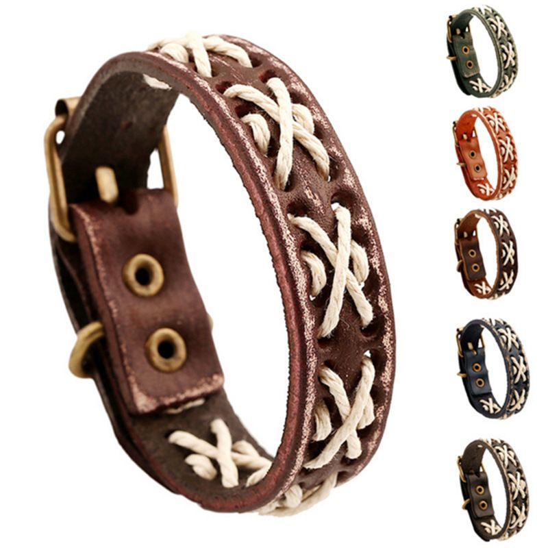 Vintage gewebtes Rindslederarmband, handgefertigter Schmuck, echtes Lederarmband_voghion.com