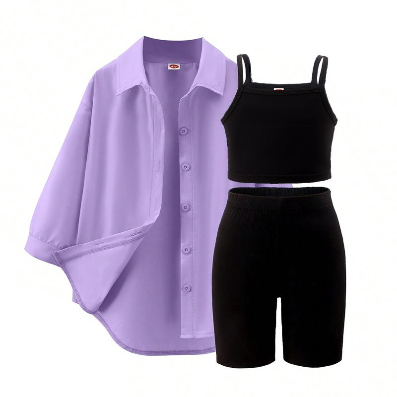 Παιδικά Ρούχα Άνοιξη και Φθινόπωρο Νέα Κοστούμια για Κορίτσια Μικρά και Μεσαία Παιδικά Μονόχρωμες Τιράντες + Σορτς + Μακρυμάνικο Μπουφάν Σετ Τριών Τεμαχίων_voghion.com