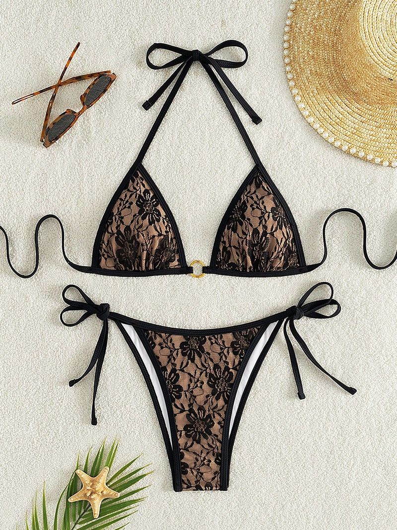 Maillot de bain sexy en dentelle pour femme, triangle, bikini, bretelles, col licou, trois points_voghion.com