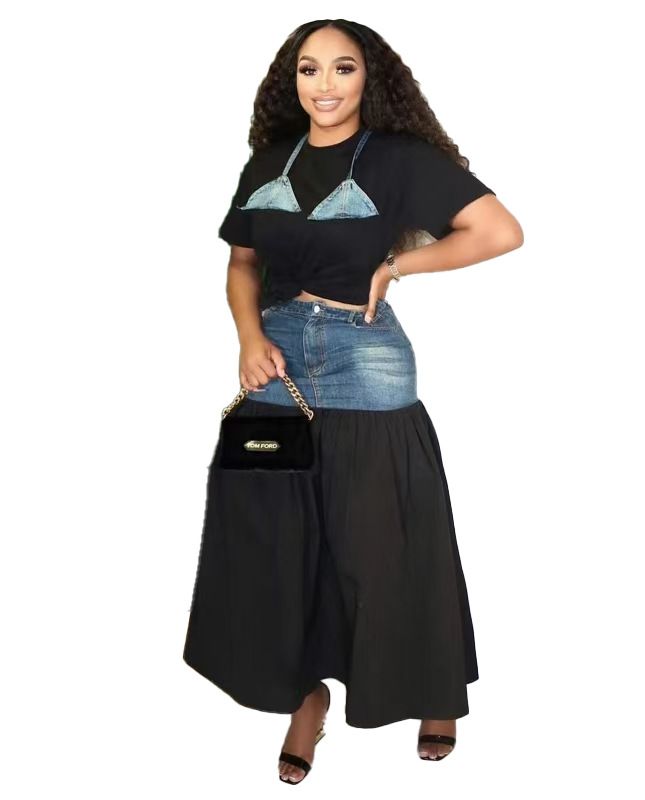 Traje de dos piezas con falda vaquera y camiseta de color contrastante para mujer_voghion.com