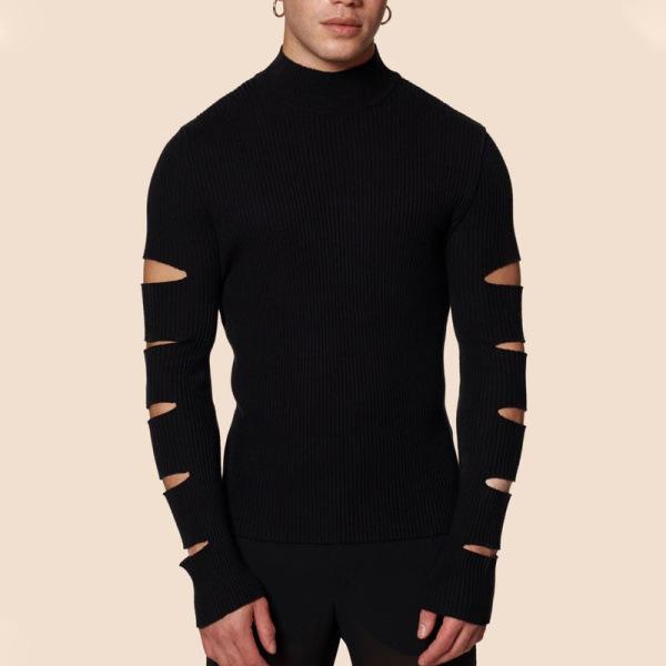 Men's Large Size Slit Sleeves High Collar Black T-shirt Fashionable Design Black Dlim Top_voghion.com