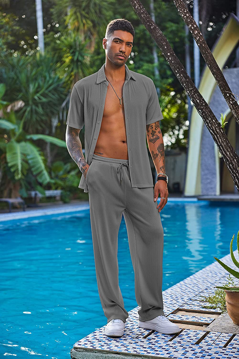 Calças compridas de manga curta de cor sólida masculina nova solta conjunto casual_voghion.com