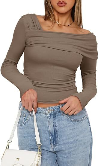 Camicetta da picnic monospalla a maniche lunghe con volant, camicia slim Y2K da donna_voghion.com