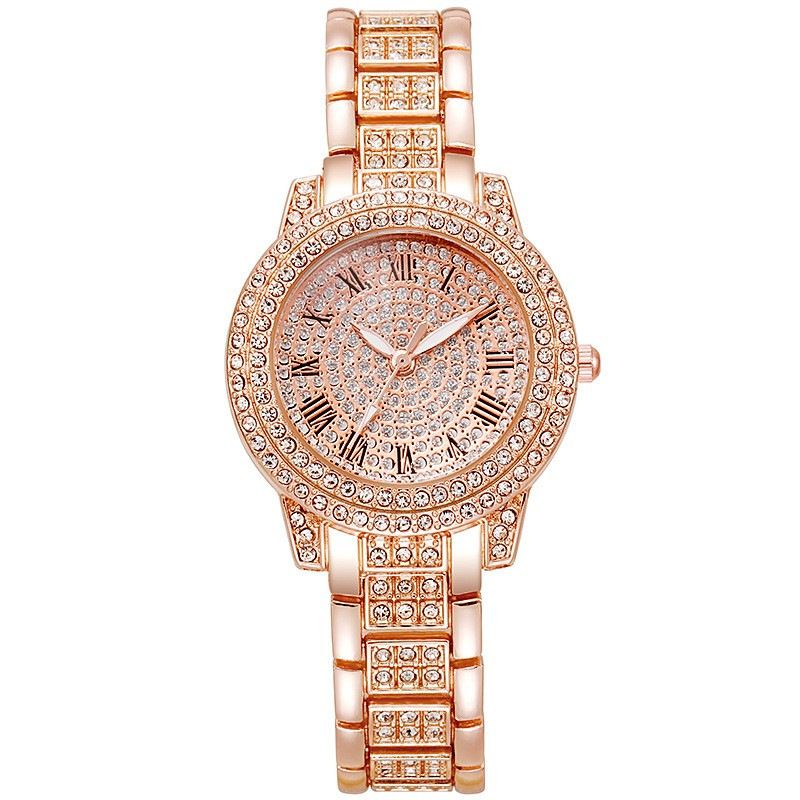 Ceas brățară cu quartz doamnelor live cu cifre romane cadran complet cu diamante ceas damă cu bandă de oțel cu diamante_voghion.com