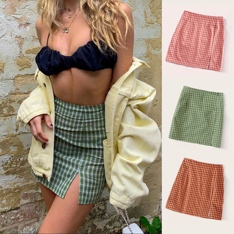 Mini gonna a fessura scozzese da donna alla moda, gonna sottile con cerniera a vita alta_voghion.com