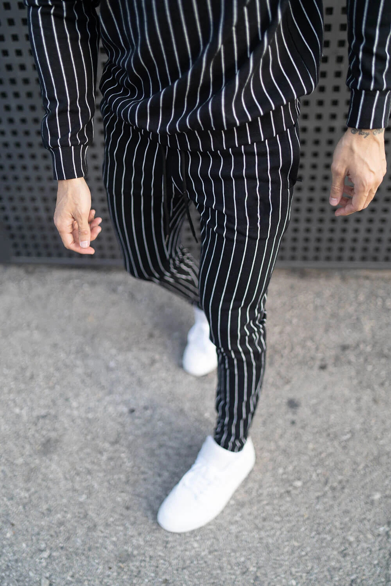 2024 New Spring and Autumn Stripe for Men's Fitness Running Long sleeved Sweater Slim Fit Pants Set_voghion.com