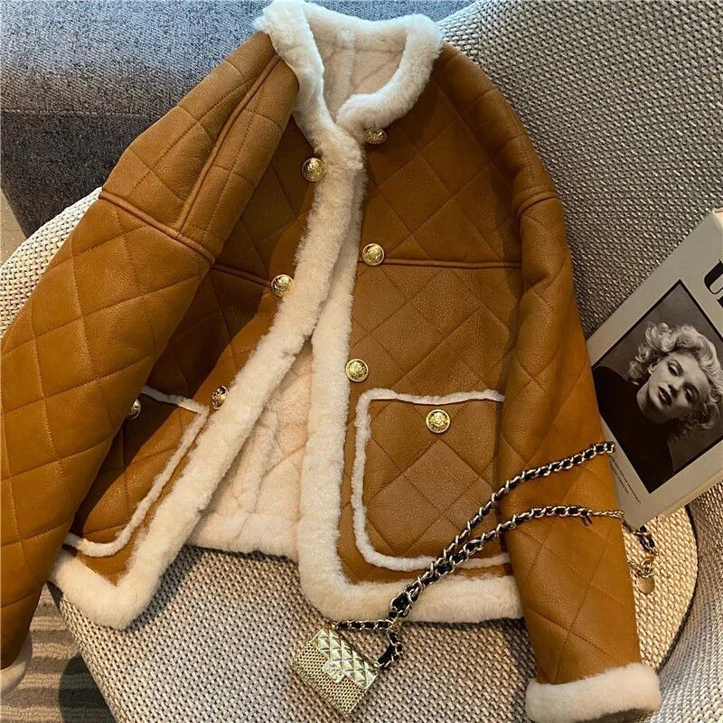 Winter Coats Women Thick Sheepskin Coat Faux Lamb Fur Leathe Motorcycle Jacket Coat Streewear Loose Retro_voghion.com