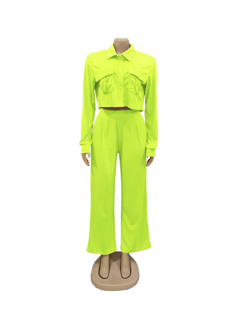 Damenbekleidung Herbstmode Revers Langarm Hohe Taille Weite Beinhose Pendeln Eleganter Anzug_voghion.com