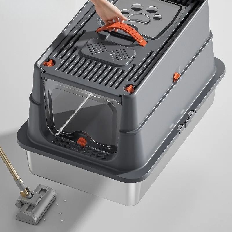 Lettiera per gatti extra large chiusa con base in acciaio inossidabile resistente, parte superiore rimovibile per un design semi-chiuso e recinzione alta_voghion.com