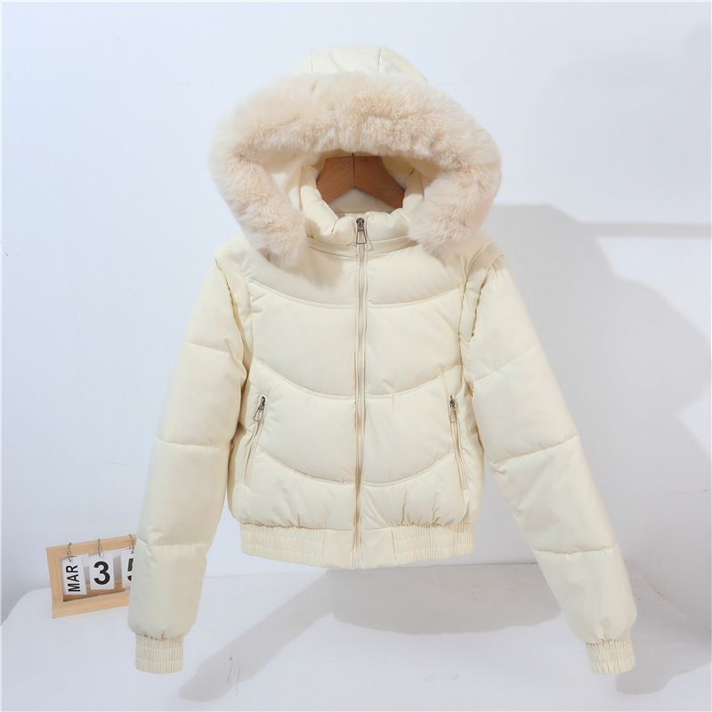 Doudoune courte convertible à manches amovibles et capuche en fausse fourrure pour femme - Manteau d'hiver taille haute doublé polaire épaisse_voghion.com