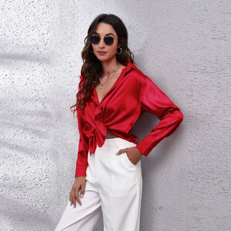 Women's clothing color D shirt satin silk imitation long sleeve shirt_voghion.com
