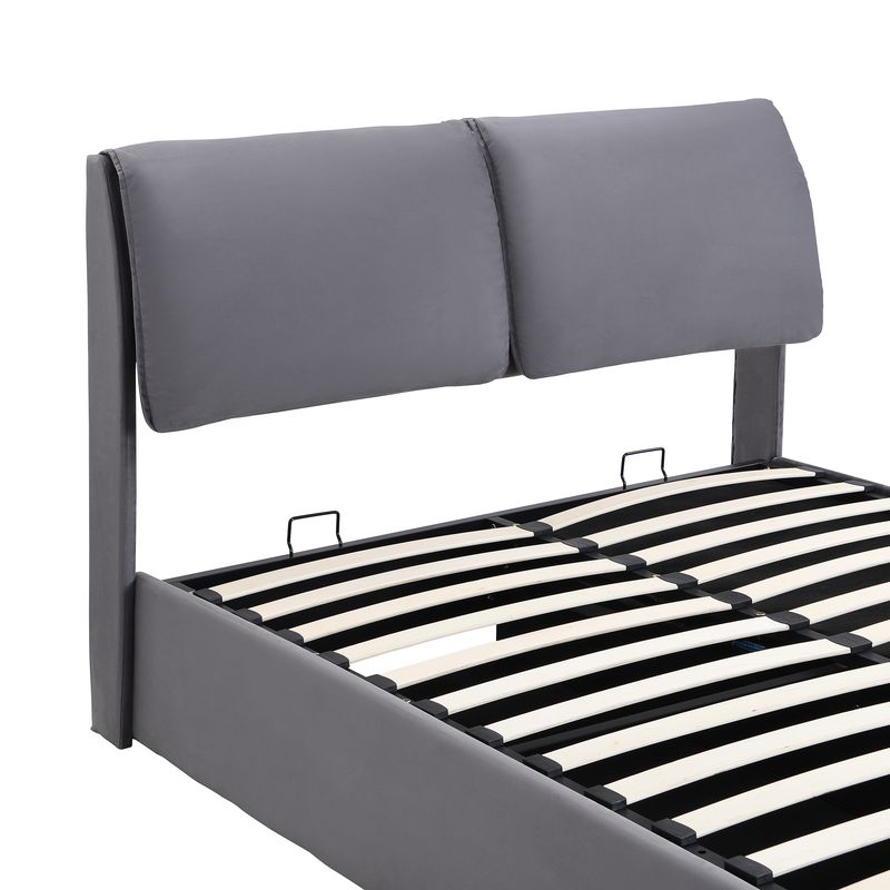 Cadre de lit coffre hydraulique rembourré en velours avec 3 tiroirs, sommier à lattes, tête de lit, 140 x 200 cm, gris, matelas non inclus_voghion.com