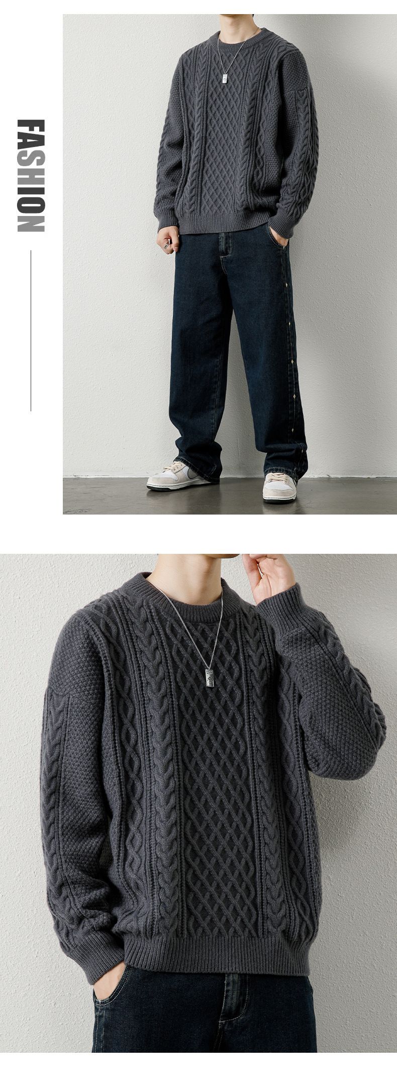 Herren-Zopfmusterpullover, warmer Winterpullover, Rundhalsausschnitt, dick gestrickte Basisschicht, lässig, lockere Passform, trendiger Pullover_voghion.com