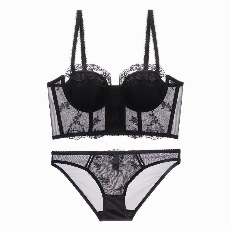 Summer New French Embroidery Lace Long Soft Steel Ring Gathering Bra Fishbone Shaped Underwear Set_voghion.com