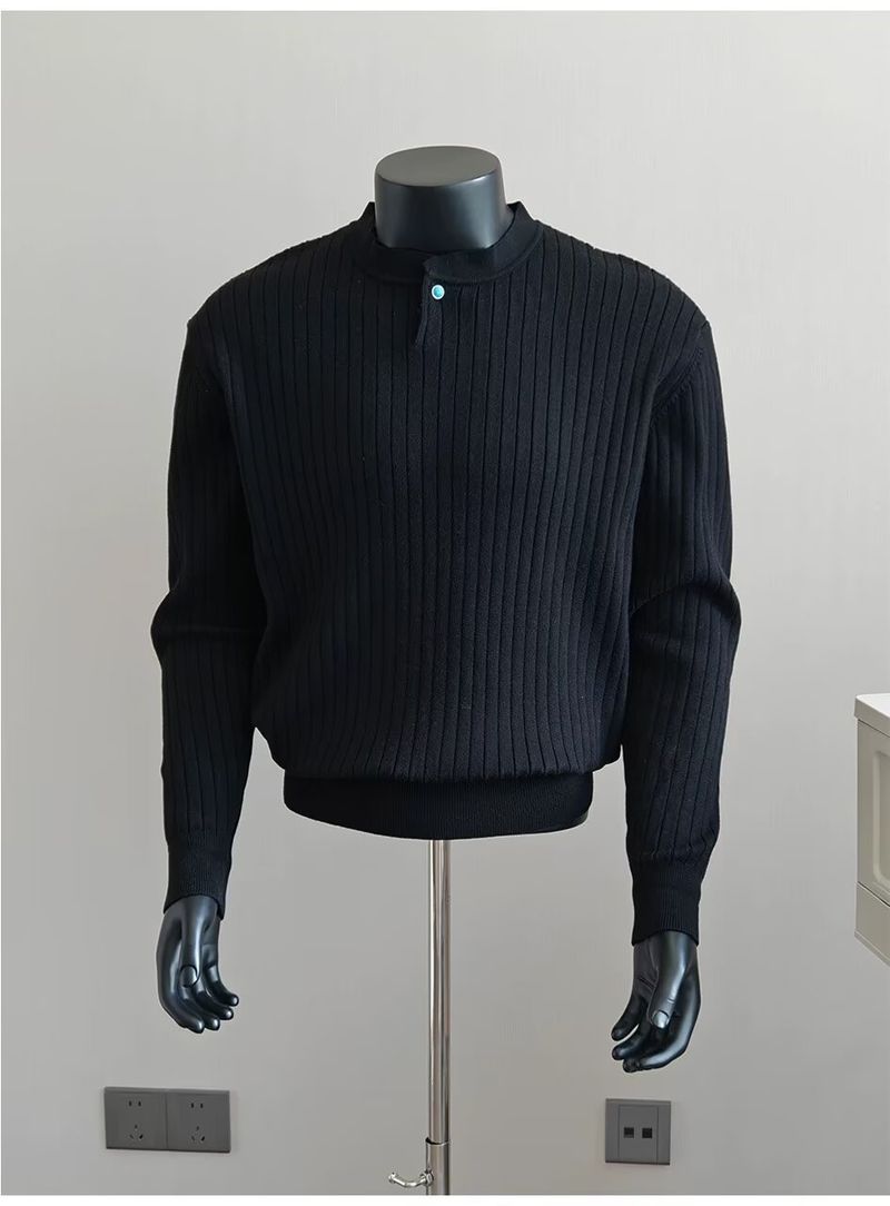 Maglione lavorato a maglia Henley turchese da uomo - Pullover a maniche lunghe testurizzato dalla vestibilità comoda per autunno e inverno, top casual traspirante e caldo_voghion.com
