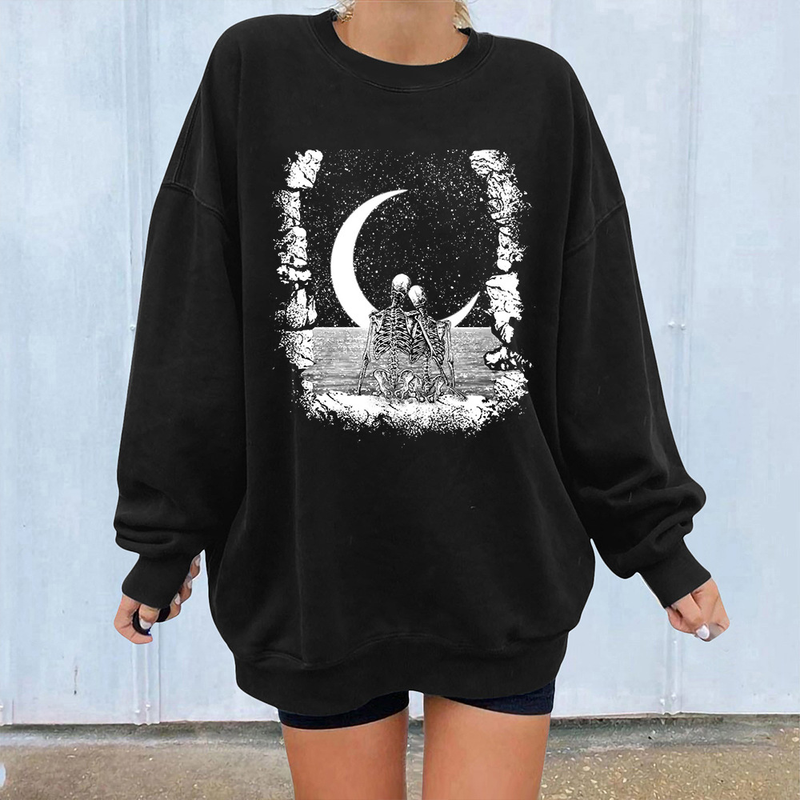 Halloween Skull Print Brushed Shoulder Long Sleeve Sweater Round Neck Women's Casual Top Unisex_voghion.com