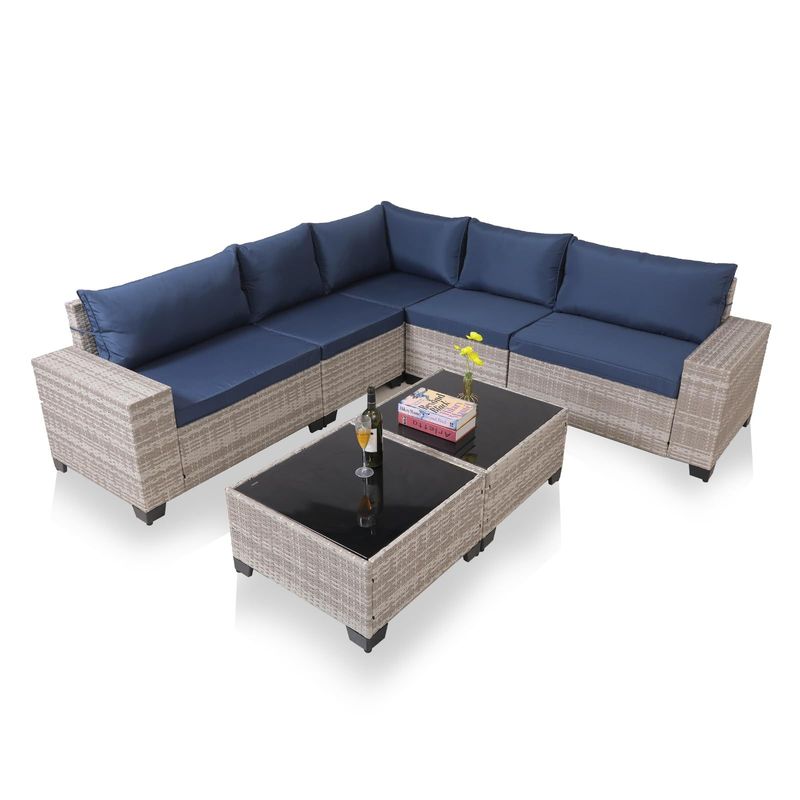 7-Piece Outdoor Patio Furniture Sets, All-Weather Wicker Rattan Sectional Sofa, Modern Glass Coffee Table And Washable Seat Cushion_voghion.com