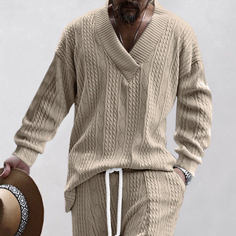 2023 Herbst Casual Strickpullover Herren Lose Langarm T-Shirt Herren V-Ausschnitt Pullover Jacquard Top_voghion.com