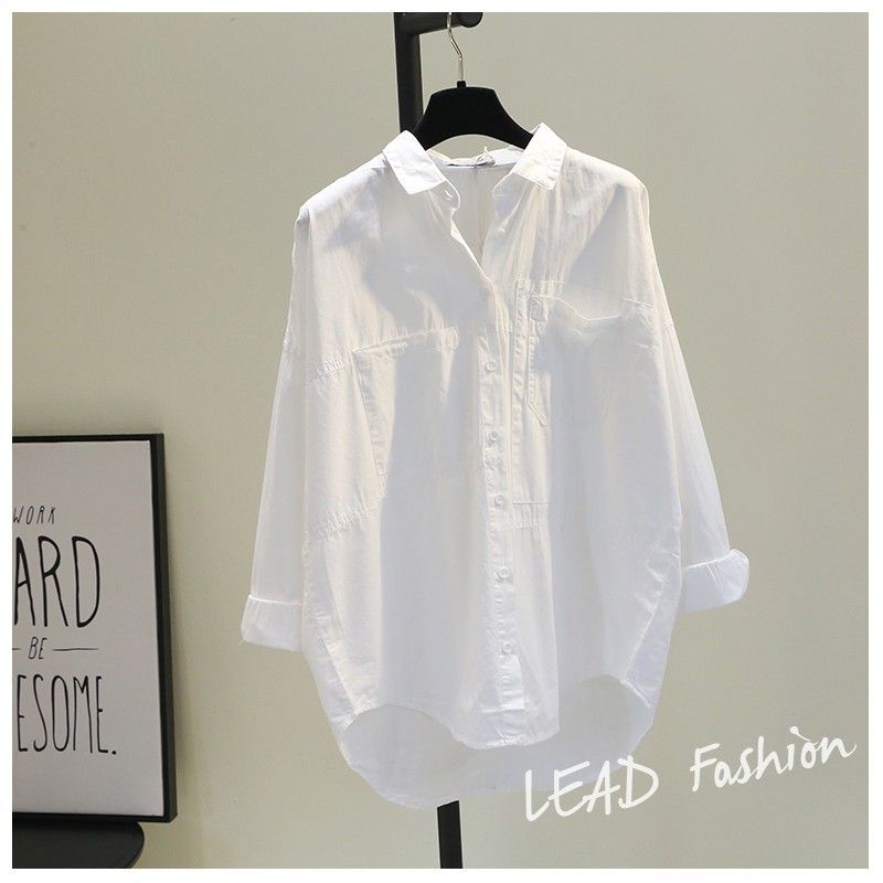 2024 doppia tasca anteriore corta posteriore bianca donna, versione coreana camicia casual stile BF artistico per donne alla moda_voghion.com