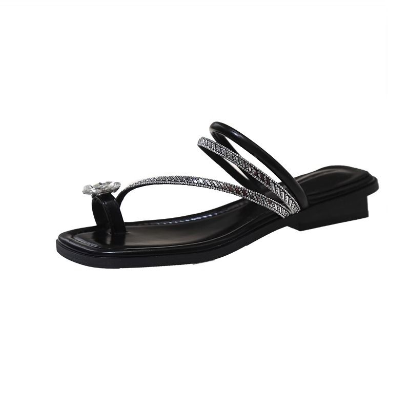 Ciabatte da donna con strass piatti e anello per le dita dei piedi, sandali da spiaggia con tacco basso, nuovi ed eleganti, estivi, 2025, alla moda, squisiti, Hundred_voghion.com