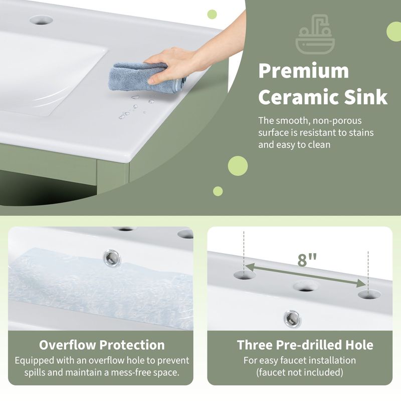 30-inch Bathroom Vanity With A Soft Close Gass Door, Adjustable Shelves, And 3 Drawers_voghion.com