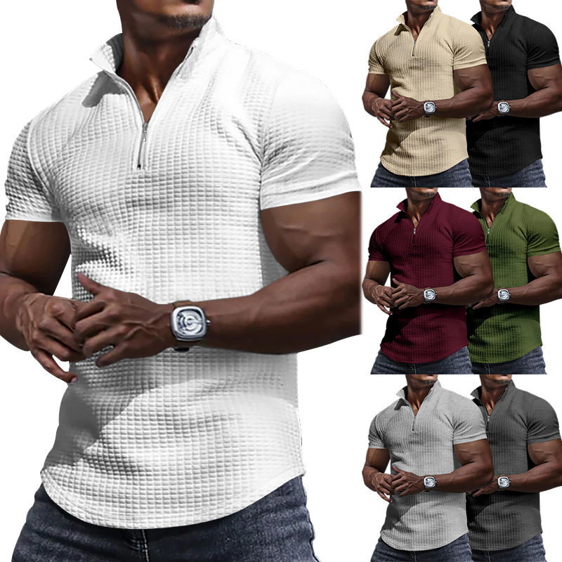 24 Poloshirt mit Stehkragen für Herren, kurzärmelig, einfarbig, kariert, mit Reißverschluss, T-Shirt für den Sommer, lässiges Oberteil_voghion.com
