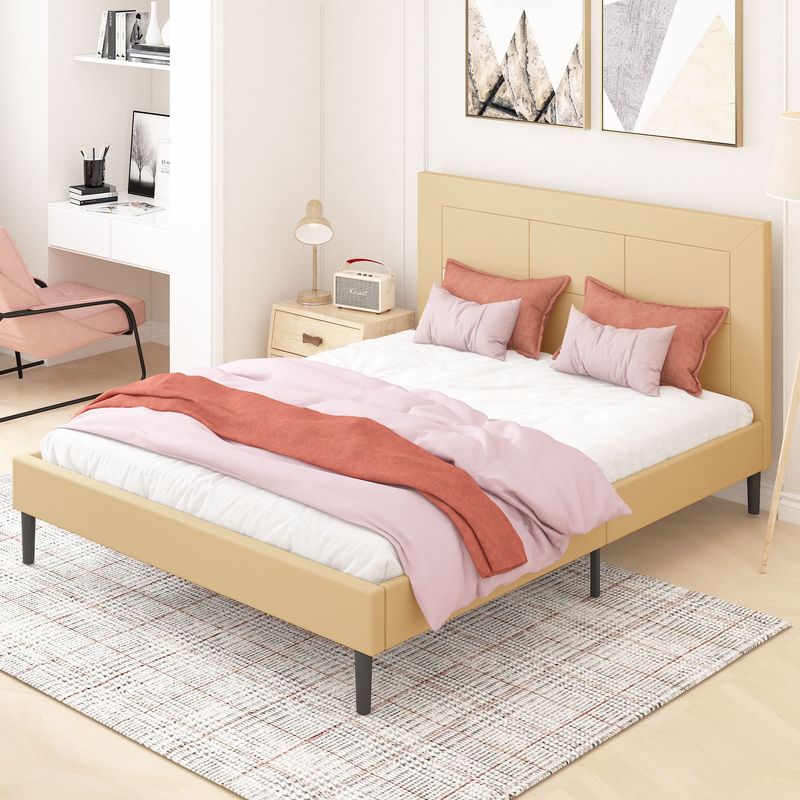 Queen Size Wood Slat Bed Frame 800 Lbs Capacity With PU Leather Headboard_voghion.com
