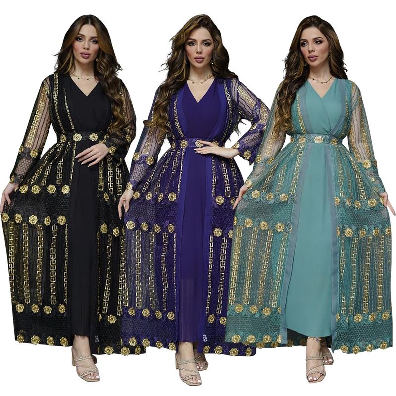 New Muslim Embroidered Mesh Jacket With Chiffon Vest Skirt Suit Kaftan Dress_voghion.com