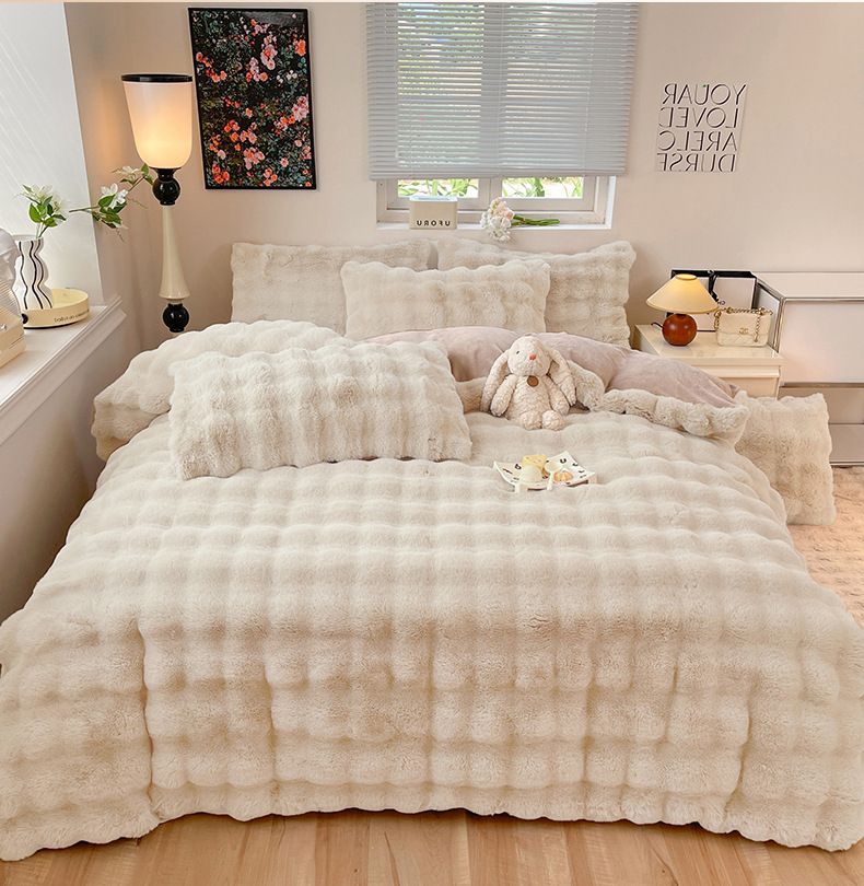 Set di quattro pezzi in peluche di pelliccia di coniglio sfumata di classe A, lenzuolo invernale in velluto color latte corallo spesso, tinta unita, double-face_voghion.com